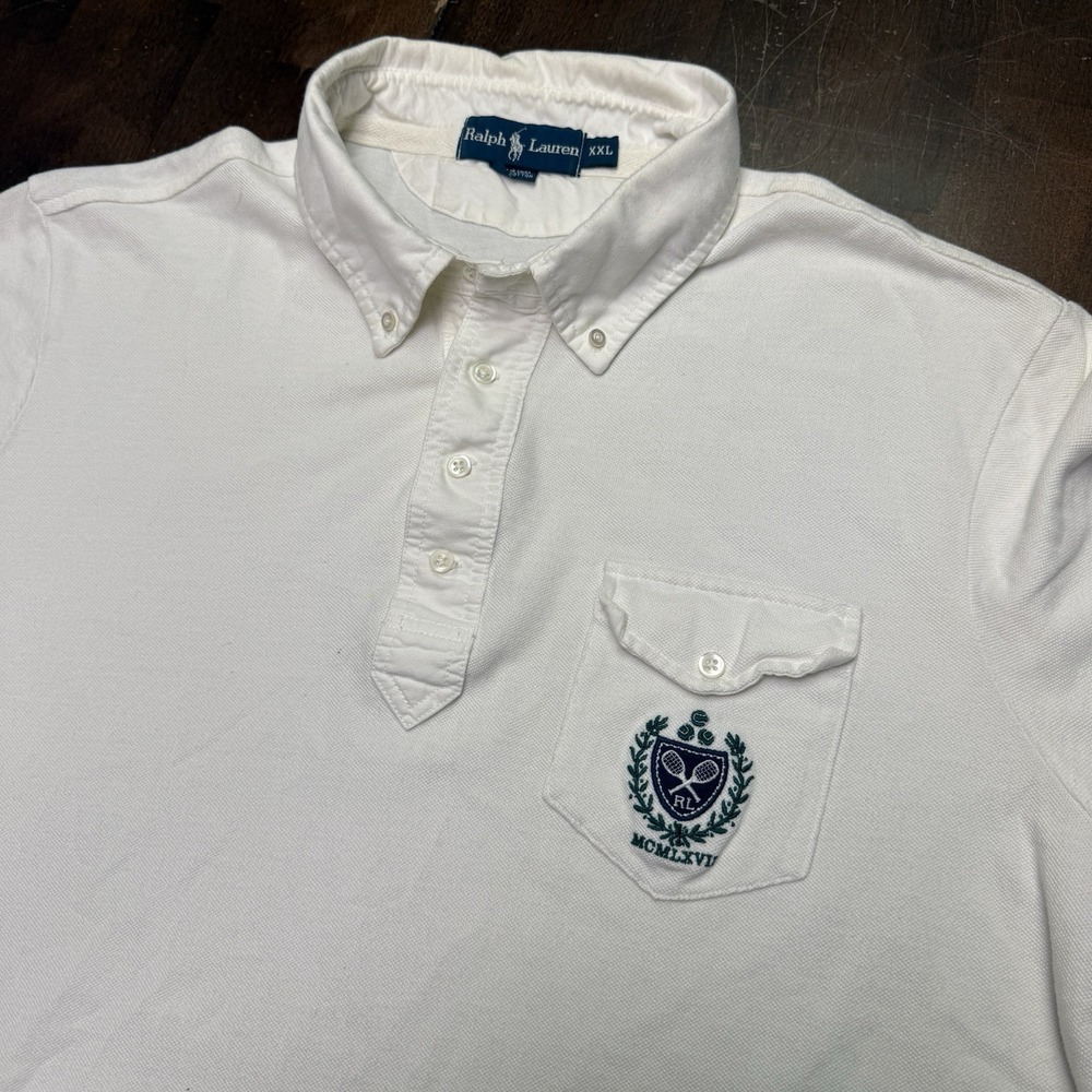 VTG POLO RALPH LAUREN 2XL PRLC 1967 TENNIS PATCH‎ POP OVER WHITE SHIRT PREPPY